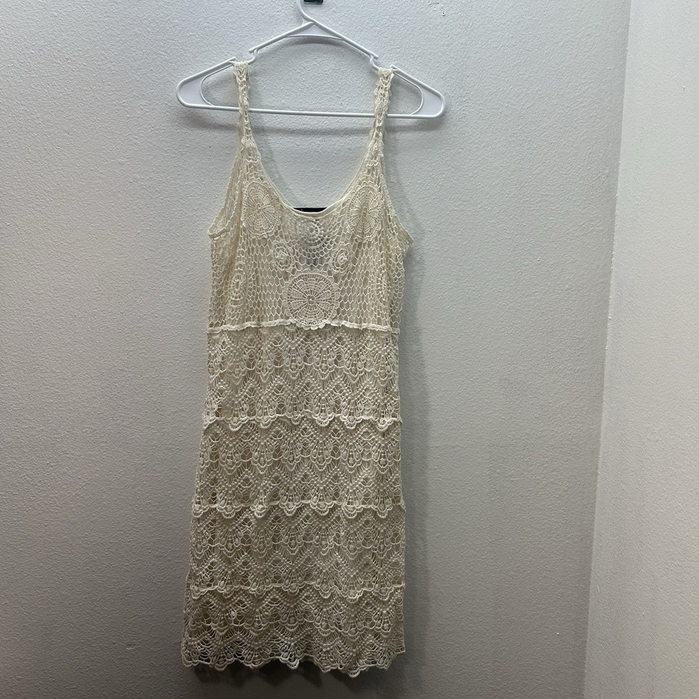 INC Beach Crochet Dress Lined S‎ Tan Boho Fairy Festival Summer Midi Hippie Y2K